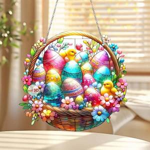 lot 4184 image: Easter Decorations - Easter Egg Basket Acrylic Suncatcher Ornaments, Colorful Acrylic Sun Catchers for Easter Home Decor Spring Wall Hanging Art