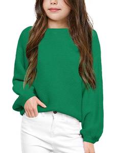 lot 4195 image: Girls Pullover Sweaters Kids Long Sleeve Drop Shoulder Sweaters Casual Boat Neck Knit Jumper Tops Dark Green