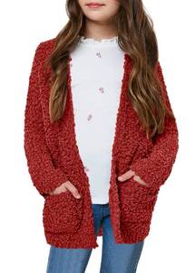 lot 4205 image: Girls Open Front Long Sleeve Cardigans Sweaters Solid Color Outwear Fall Tops Burgundy No size listed, possibly child m-l