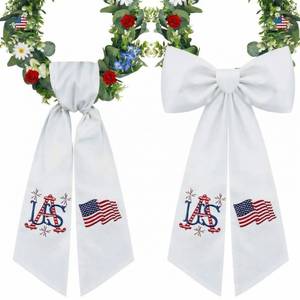 lot 4210 image: Moukeren 2 Pcs 4th of July Wreath Sash for Front Door Patriotic Embroidered Monogram Wreath Sash Red Blue White Flag Garland Belt Decor for Independence Day Memorial Day Yard Porch