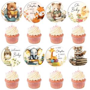lot 4244 image: SKJIAYEE 32 Pcs Storybook Baby Shower Cupcake Toppers Set, A New Chapter Is About To Begin Welcome Baby Cake Decorations for Forest Woodland Animal Party Supplies Decor Accessories
