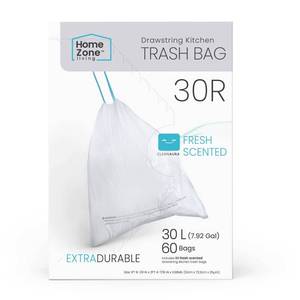 lot 5230 image: Home Zone Living 8 Gallon Kitchen Trash Bags with Drawstring Handles, Heavy Duty Custom Fit Design for 30 Liter Dual Recycling Liners, Code 30R, 60-Count