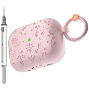 lot 6009 image: for AirPods Pro 3 Case (2025) DamonLight Floral Engraved Shockproof Protective Soft Silicone Case Cover with Cleaning Pen and Floral Keychain for Apple Airpods Pro 3rd Generation (Pink)