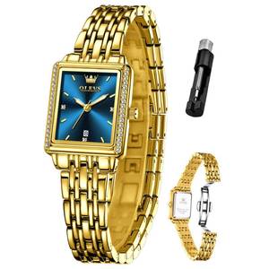 lot 6025 image: OLEVS Watch Women Gold Watches for Women Rectangle Blue Face Waterproof Stainless Steel Small Wrist Womens Watch Dainty Elegant Analog Quartz Ladies Watches Reloj para Mujer
