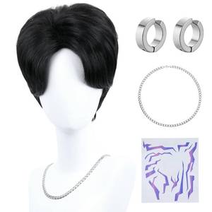 lot 6033 image: morvally Short Natural Looking Synthetic Hair Mens Wig with Ear Clips, Necklace and Tattoos for Anime Costume, Cosplay, Halloween Party (Black, Adults Head)