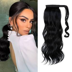lot 6075 image: CJL HAIR 18in Long Ponytail Hair Extension Wrap Around Pony Tail Clip in Curly Wavy Synthetic Fake Hairpiece for Women Jet Black