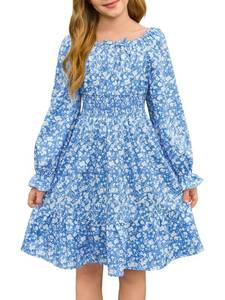 lot 6100 image: Haloumoning Girls Fall Long Sleeve Floral Dresses Kids Square Neck Smocked Holiday Party Dress 5-14 Years Blue