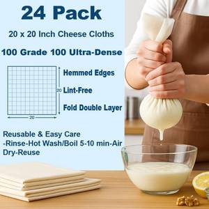lot 6114 image: 24 Pcs Cheesecloth for Straining 20x20 Inch � Reusable Grade 100 Muslin Cloth, Ultra-Fine 56x42 Weave, 100percent Unbleached Cotton with Hemmed Edges, Cheese Cloth Strainer for Yogurt, Nut Milk and Baking