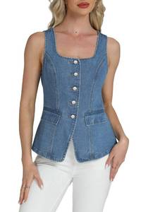 lot 6119 image: D-Sun Womens Sleeveless Vests Square Neck 2025 Button Down Business Work Suit Vest Tops Outerwear Waistcoat size L