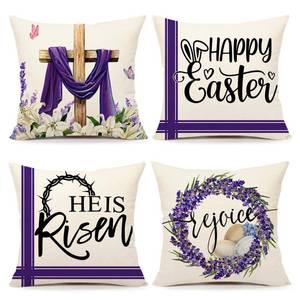 lot 6147 image: 4TH Emotion Easter Throw Pillow Covers 18 x 18 Inch Set of 4, He is Risen Spring Farmhouse Holiday Purple Cushion Case for Home Sofa Couch Decoration TH177