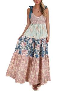 lot 6154 image: Women Floral Maxi Dress Sundress Tie Shoulder Smocked Flowy Bohemian Dresses Summer Fall with Pockets size L