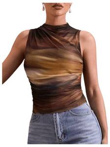 lot 6155 image: GORGLITTER Womenfts Ruched Date Night Going Out Tank Tops Y2K Sleeveless Mock Neck Tie Dye Summer Cute Cocktail Tops Coffee Brown X-Small