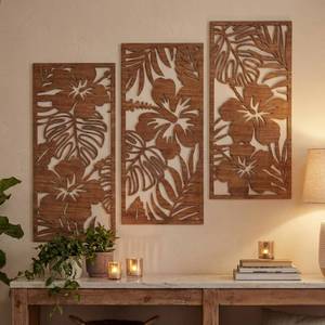 lot 6466 image: Threehoney 3 Pcs Tropical Wall Decor 3d Wooden Palm Leaf Wall Art Monstera Sculptures Wood Hibiscus Flowers Hanging Decor Vintage Plant Plaque for Home Bathroom 7.09 x 15.75 Inch(Classic Style)