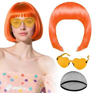 lot 6468 image: PLULON Orange Bob Wig with Heart Sunglasses and Hair Cap, Colorful Short Bob Wigs Synthetic Party Wigs Funny Cosplay Hairpieces for Women Men Neon Bachelorette Halloween Costume Party Decorations