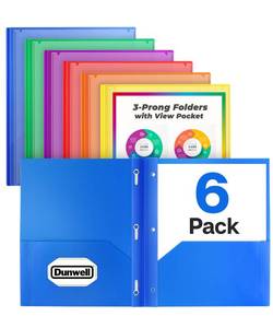 lot 6488 image: Dunwell Plastic Folders with Pockets and Prongs, 6 Pack, Clear Front View Pocket Folders with Prongs, Heavy Duty 3 Prong 2-Pocket Folders for Document, Back to School Supplies for Kids