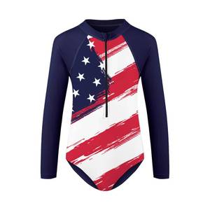 lot 6490 image: Zando UPF50 Girls Red White and Blue Swimsuit with Zipper Long Sleeve One Piece Swimsuit 8-9 Years - 4th of July Rash Guard for Kids American Flag Bathing Suits for Summer Beach Sport Size 8-9