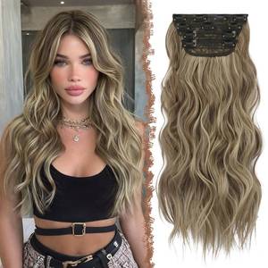 lot 6495 image: FESHFEN Clip in Hair Extensions - 4 PCS Long Wavy Thick Highlighted Clip in Hairpieces Full Head Synthetic Hair Extension for Women, 20 Inch Caramel Brown Mixed Ash Blonde