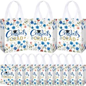 lot 9423 image: Supervitae 24 Pack Blue Graduation Floral Gift Bags Medium Congrats Grad Wildflower Party Favor Bags Reusable Totes Non Woven Goodie Totes for High Graduation Grad Family Travel(9.8in x 7.9in x 3.9in)