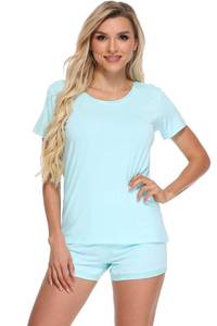 lot 10345 image: GYS Womenfts Bamboo Viscose Pajama Sets - Cooling Short Sleeve Sleepwear for Night Sweats, Moisture Wicking Pjs, Aqua Green, Small