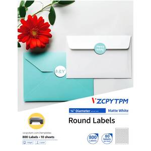 lot 10377 image: A 2pk VZCPYTPM Printable Round Labels 34in Matte White Label,Small Circle Stickers for Custom Logo,Jars,Packaging, Crafts,Inkjet and Laser Printers 800 Total (10 Sheets, 80 per Sheet)