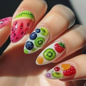 lot 10440 image: Medium Press on Nails Almond Shaped Fake Nails Summer Fruit False Nails Green Kiwifruit Full Cover Glossy Acrylic Glue on Nail Cute Reusable Artificial Nails for Women Girls 24Pcs