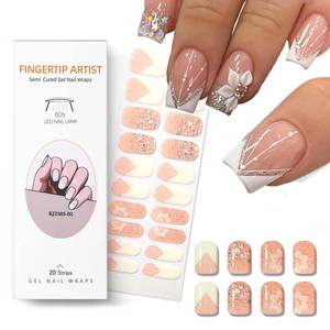 lot 10445 image: Semi Cured Gel Nail Strips French Tip Gel Nail Strips Whhite Flower Stickers Glitter Wraps Need UVLED Light Salon Quality and Easy to Use for Women 20 Pcs