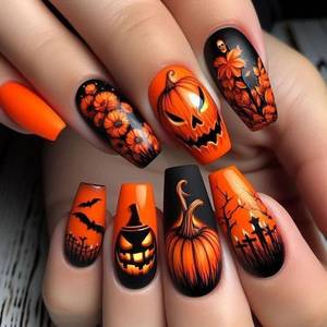 lot 10447 image: 24Pcs Halloween Press on Nails for Women Coffin Medium Fake Nails Orange Flower Glue on Nails with Pumpkin Monster Bat Skull Designs Black Glossy Nails Press ons Acrylic Halloween False Nails Art