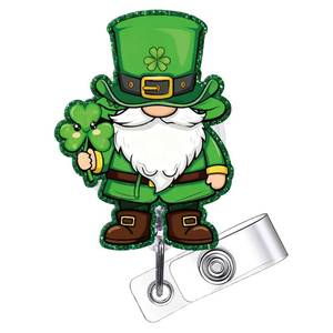 lot 10456 image: St Patricks Day Badge Reel, Green Gnome Retractable ID Holder, Shamrock Clover Badge Clip Work Accessories Gifts for Nurses CNA Teachers Office Staff