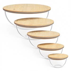 lot 11330 image: Vtopmart 5 Pack Glass Mixing Bowls with Bamboo Lids Set (3.752.11.10.50.2 QT), Salad Bowl Set, Nesting Kitchen Bowls for Serving, Prepping, Cooking and Baking, Dishwasher and Microwavable Safe