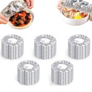 lot 12025 image: 50PCS Reusable Aluminum Foil Food Covers,Aluminium Foil Elastic Food Bowl Storage Covers,Pop-Up Tin Foil Food Insulation Cover, Heat Shield Lids for Refrigerator Storage