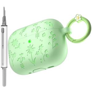 lot 12036 image: for AirPods Pro 3 Case (2025) DamonLight Floral Engraved Shockproof Protective Soft Silicone Case Cover with Cleaning Pen and Floral Keychain for Apple Airpods Pro 3rd Generation (Avocado Green)