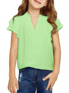 lot 12057 image: Haloumoning Girls Ruffle Short Sleeve T Shirts Casual V Neck Chiffon Blouse Cute Summer Tops 5-14Y Light Green