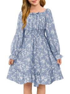 lot 12060 image: Haloumoning Girls Fall Long Sleeve Floral Dresses Kids Square Neck Smocked Holiday Party Dress 5-14 Years Navy Blue