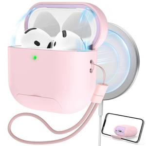 lot 12063 image: RFUNGUANGO for AirPods 4 Case with Lanyard and Cleaning Kit, Protective Case Cover for Apple AirPods 4th Generation with Phone Holder, Pink
