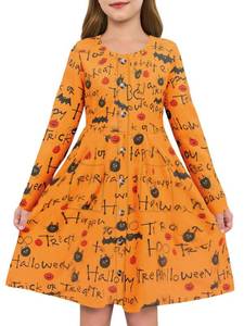 lot 12070 image: Haloumoning Girls Halloween Dresses Kids Button Down Midi Long Sleeve Casual A Line Dress with Pockets 4-14 Years A-Orange