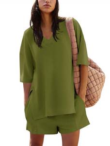 lot 12078 image: Yousify Womens Two Piece Sets Summer Pajama Set Cotton Loungewear Post Partum Lounge Sets for Women Army Green S