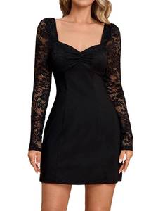 lot 12079 image: EYNMIN Womenfts Lace Mini Dress Long Sleeve Sweetheart Neckline Bow Tie Backless A Line Short Going Out Dresses Black (Size Medium)