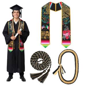 lot 12138 image: Moucuny 3 Pcs Graduation Stole Set Philippines Mexican Embroidered Country Flag Graduation Sash Stole Royal Blue Honor Cords(Mexico,Black and Gold)
