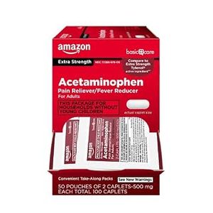 lot 12139 image: Amazon Basic Care Extra Strength Acetaminophen Caplets 500 mg, Pain Reliever and Fever Reducer, 50 Pouches of 2 Caplets Each, Total 100 Caplets (B087D3SML2)