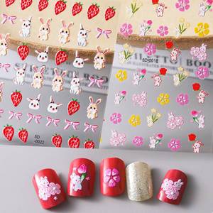 lot 12152 image: Easter Bunny Nail Stickers Strawberry Bow Self Adhesive Cute Nail Art Accessories for Manicure Decor 5D Embossed Nail Art Stickers Nail Design