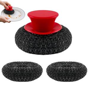 lot 12156 image: Frayot Stainless Steel Wool Scrubber with Rubber Handle and 2 Pads for Cleaning Dishes, Kitchen Pots, Pans, Grills (Red)