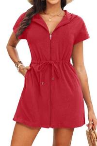lot 12164 image: Yonique Terry Cloth Cover Ups - Hooded Cotton Swim Sun Cover-up with Zipper Pockets Beach Swimsuits Red L