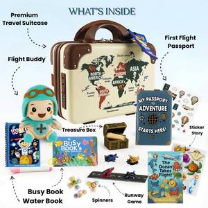 Konijo Busy Travel Kit for Kids- 8 Screen-Free Airplane Activities Keeps Kids Busy for Hours. Toddler Travel Entertainment Set with Plush Buddy, Passport, Stickers, Busy Books and Treasure Box