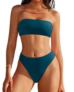 lot 20225 image: SUUKSESS Women Sexy High Waisted Bandeau Bikini Set Cheeky High Cut Two Piece Swimsuit Strapless Reversible Bathing Suit (Peacock Blue,S)