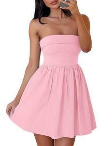 lot 20242 image: ZESICA Womenfts Summer Strapless Mini Dress 2026 Casual Off Shoulder A Line Swing Boho Beach Vacation Party Short Dresses Pink Medium
