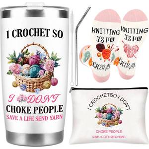 lot 20251 image: Crochet Gifts for Crocheters, Funny Knitting Gift, Includes 20 oz Tumbler, Makeup Bag and Sock, Thanksgiving Christmas Birthday Present for Women Hand Craft Lover Friends