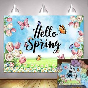 lot 20273 image: 7x5FT Colorful Floral Butterfly Hello Spring Backdrop Butterfly Flowers Birthday Decorations Background for Girls Women Spring Themed Easter Party Indoor Outdoor Photo Banner