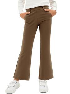 lot 20286 image: CharmWM Girls School Uniform Pants Elastic High Waisted Flare Dress Pants Bell Bottoms Brown (11-12 Y)