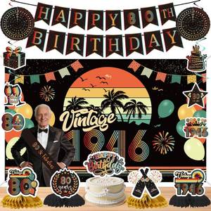 lot 20302 image: Happy 80th Birthday Decorations, Vintage 1946 Party Supplies, Happy Birthday Banner, Sash, Backdrop, Honeycomb, Swirls, Paper Fans, Cake Topper, Celebrate 80 Year Old Decor