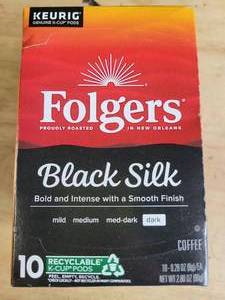 lot 20358 image: Folgers Black Silk Dark Roast Coffee K-Cup Pods 10 Count 2.80 oz